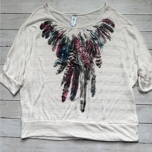 California Blue Boho Top Women’s 2X Ivory Feather Graphic Dolman Sleeve